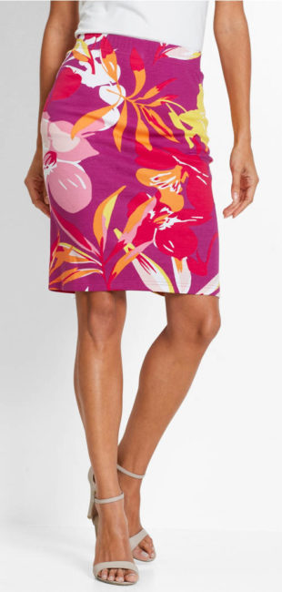 Úpletová letní sukně s pestrobarevným květovaným potiskem