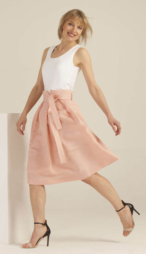 Široká růžová společenská sukně s vázačkou v pase