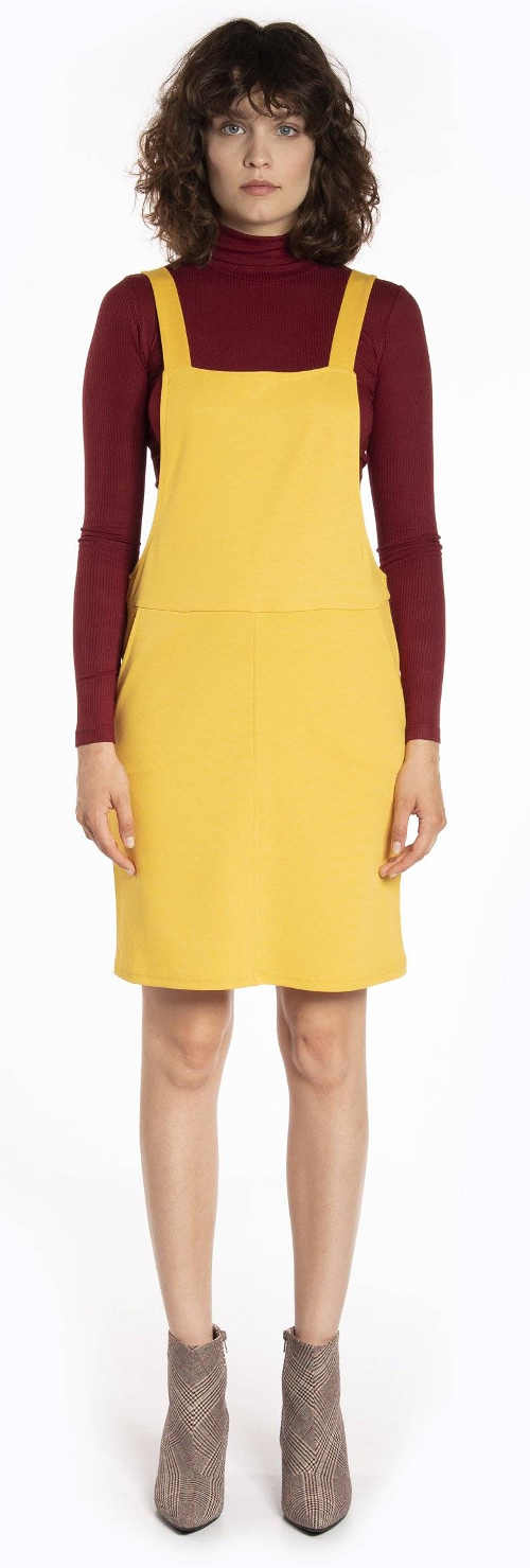 Jednobarevná dámská žlutá krátká sukně s laclem