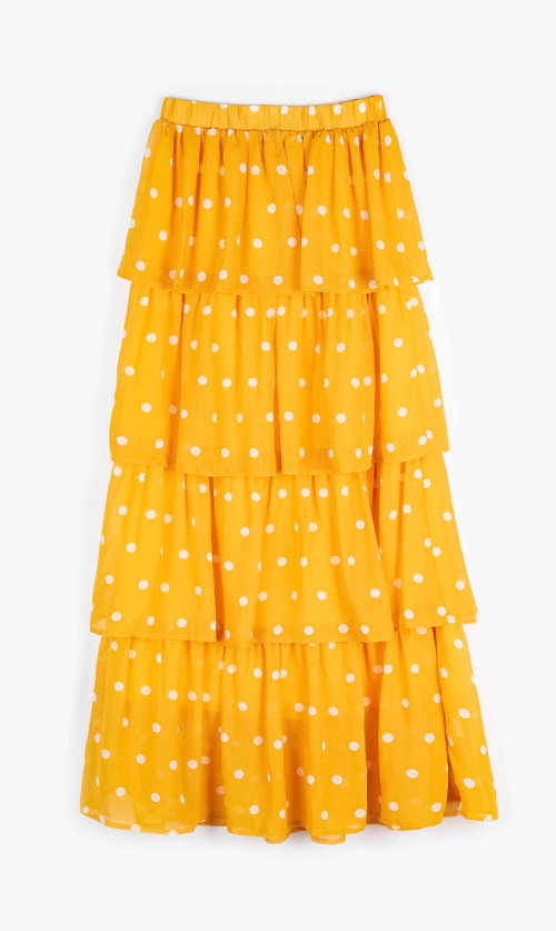 Dámská sukně s volány s moderním puntíkatým vzorem