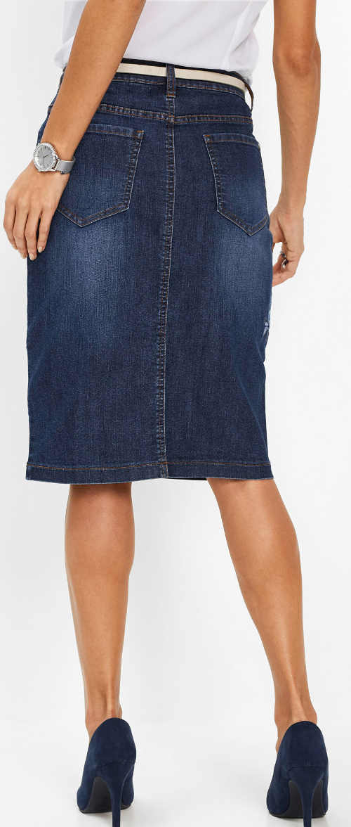 Tmavě modrá džínová sukně s délkou ke kolenům