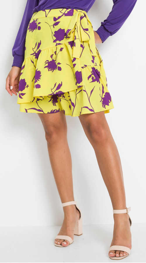 žluto-fialová letní krátká sukně