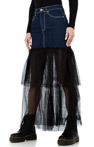 Dámská dlouhá sukně v kombinaci džínoviny s tylovým materiálem