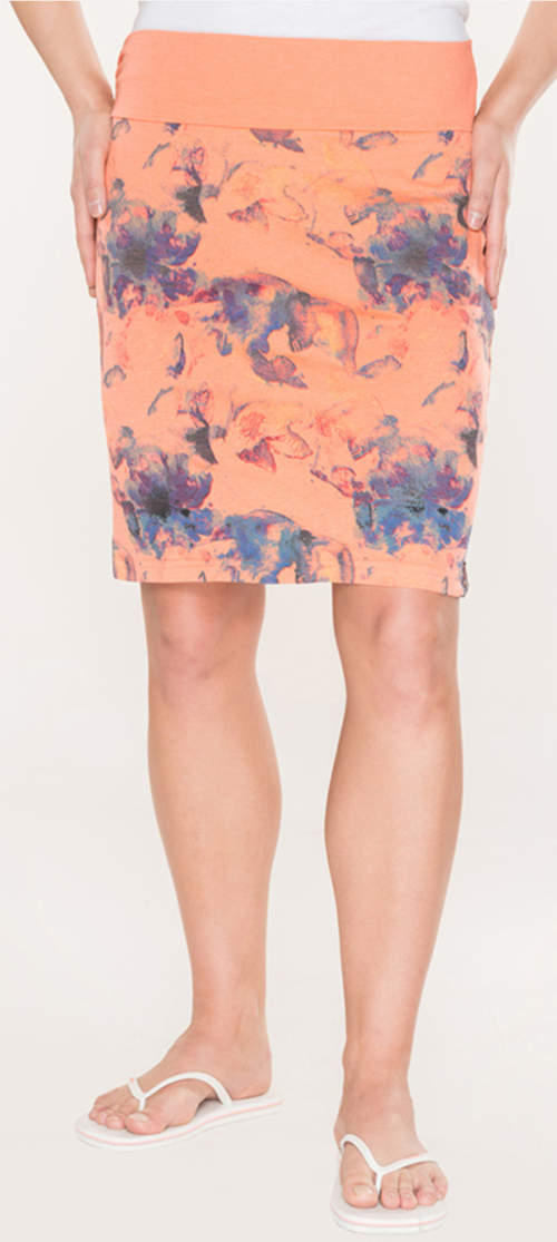 Levná oranžová letní sukně s květinovým motivem