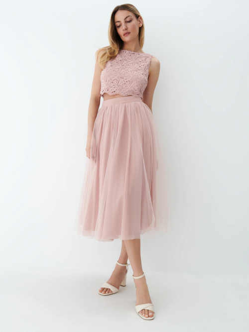 růžová tylová midi sukně