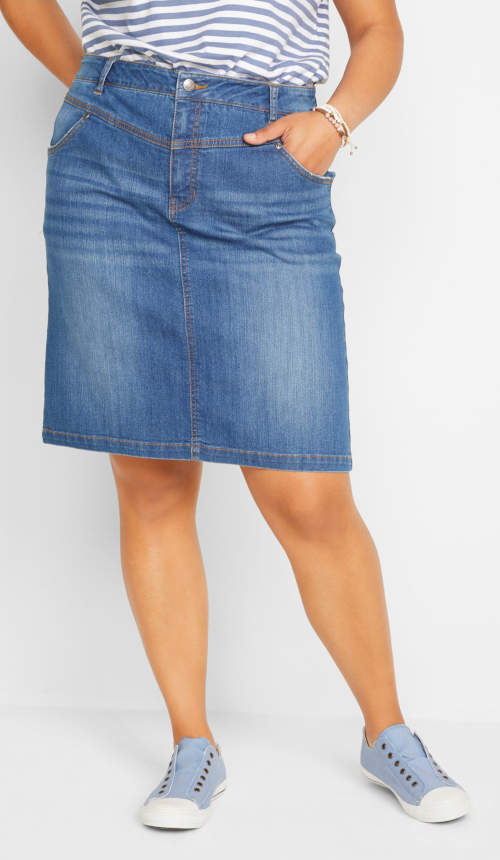 Strečová džínová mini sukně pro plnoštíhlé